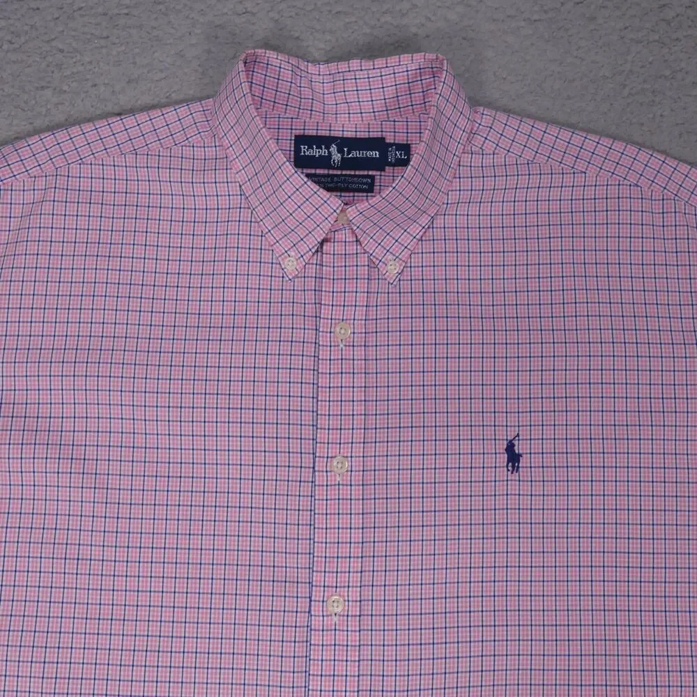 Polo Ralph Lauren Shirt Mens XL Pink Blue Plaid Button Down Short Sleeve